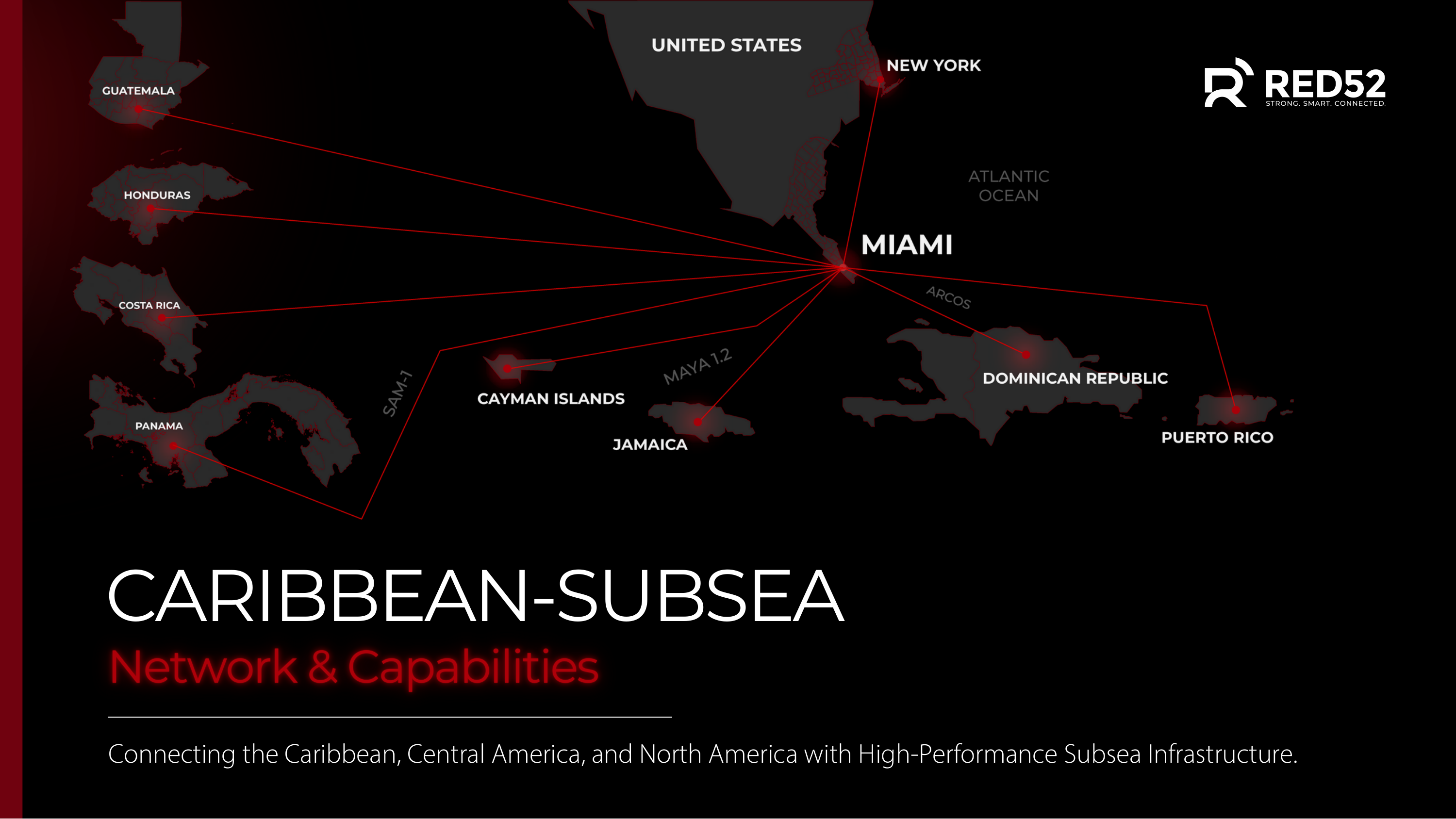 Red52 Caribbean-Subsea network map showing Miami hub connecting to Guatemala, Honduras, Costa Rica, Panama, Cayman Islands, Jamaica, Dominican Republic, Puerto Rico, and New York via SAM-1, MAYA-1.2, and ARCOS subsea cable systems